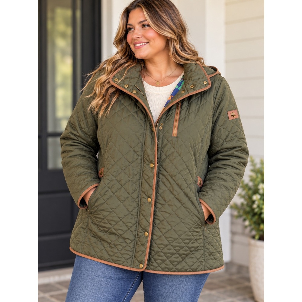 Lauren Ralph Lauren Olive Green Quilted Field Jacket Scarf Print Lining PXL